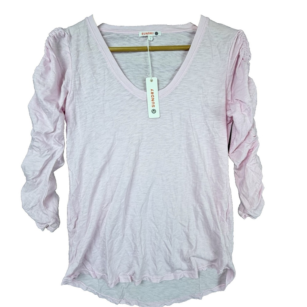 Sundry Blouse Top Womens 1 Pink Ruched Sleeve High Low Hem Burnout Girly Casual